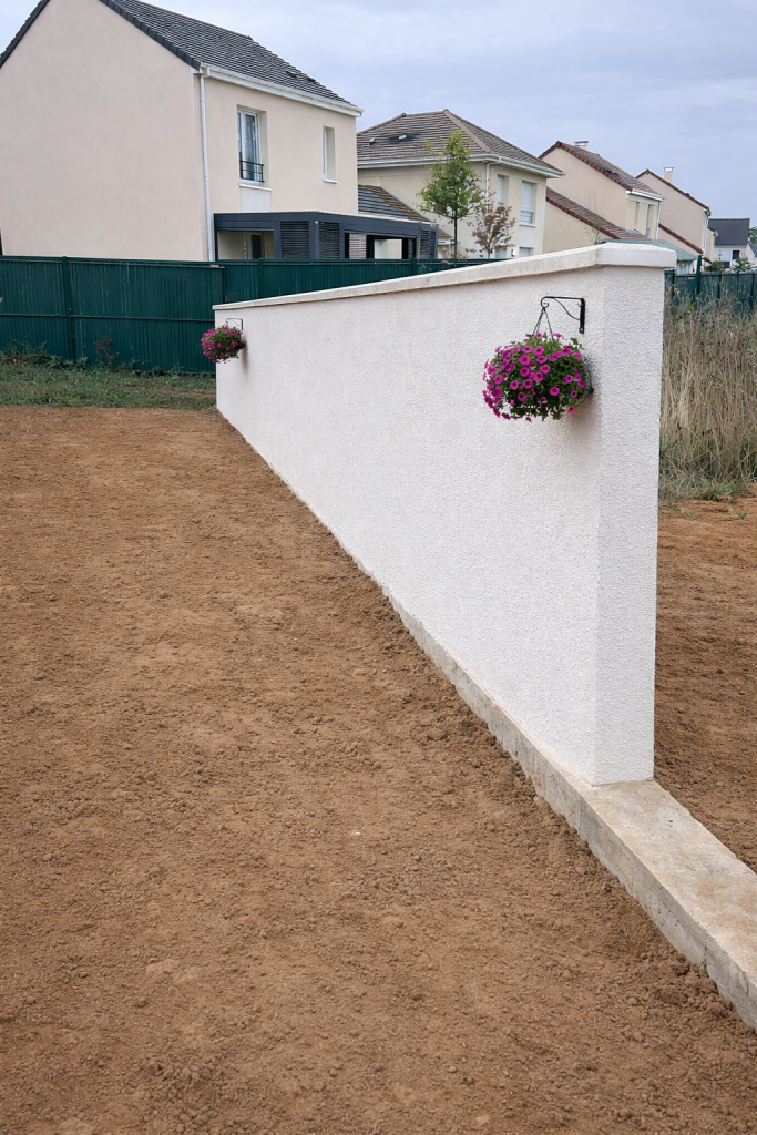 Dans le cadre de ce projet, une modélisation visuelle a été réalisée à partir de l’existant grâce à l’intelligence artificielle. Cette projection permet d’anticiper fidèlement l’aspect final du mur une fois les travaux terminés : volumes, finitions, teinte de l’enduit, intégration paysagère et rendu esthétique global. Cette approche offre une meilleure compréhension du projet, facilite la prise de décision et sécurise le choix des finitions avant exécution. Le visuel présenté n’a pas de valeur contractuelle mais constitue une aide à la projection et à la validation esthétique du chantier.