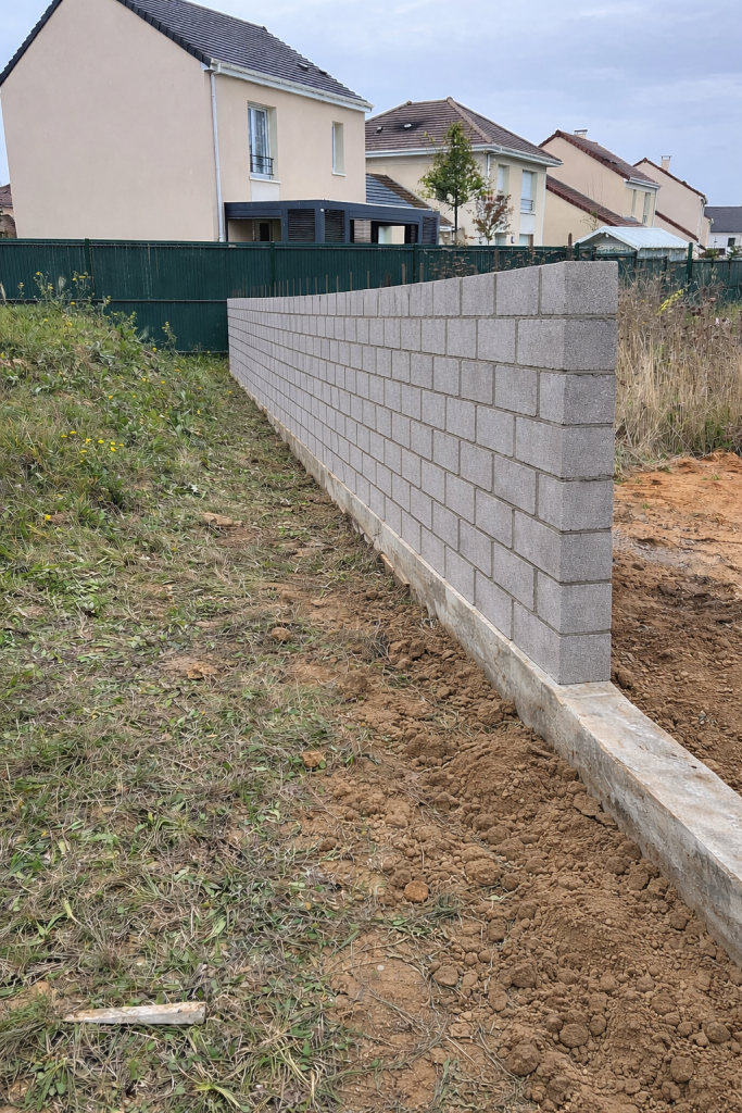 Image générée par intelligence artificielle à partir de l’état initial du terrain, présenté nu et non aménagé. Cette première projection a pour objectif de visualiser l’implantation, le linéaire et la hauteur du mur en parpaings sur semelle béton existante, sans intégration de finitions ni aménagements extérieurs. Le rendu proposé constitue une base de travail et de réflexion permettant d’affiner le projet avant la réalisation d’une projection finale intégrant les finitions (enduit, chaperon, traitement du sol, éléments décoratifs). Ce visuel est fourni à titre indicatif et n’a pas de valeur contractuelle.