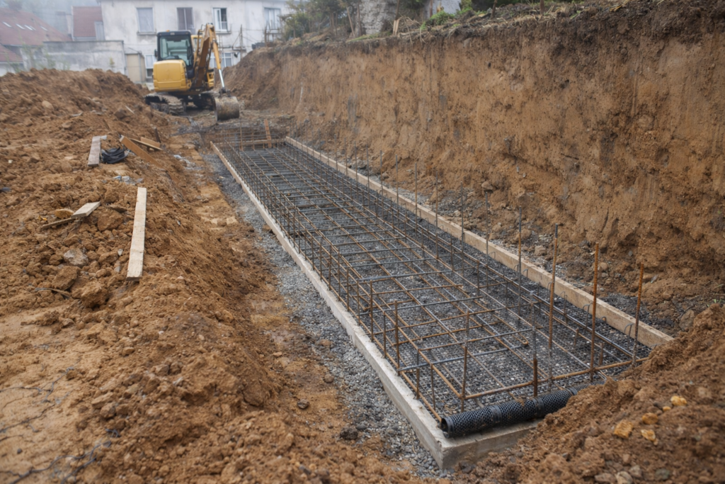 Préparation des fondations d’un mur de soutènement avec ferraillage, coffrage bois et matériaux de construction sur chantier de terrassement.