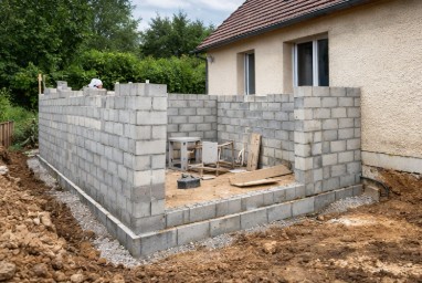 Élévation des murs d’une extension de maison en maçonnerie