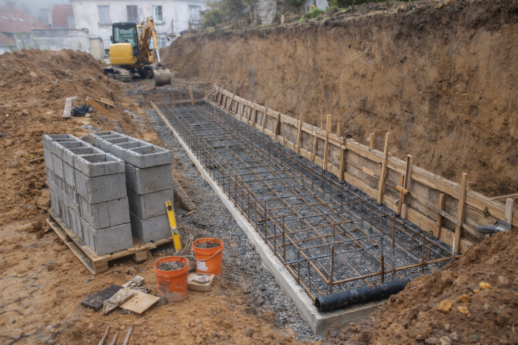 Fondations et ferraillage d’un mur de soutènement en cours de chantier